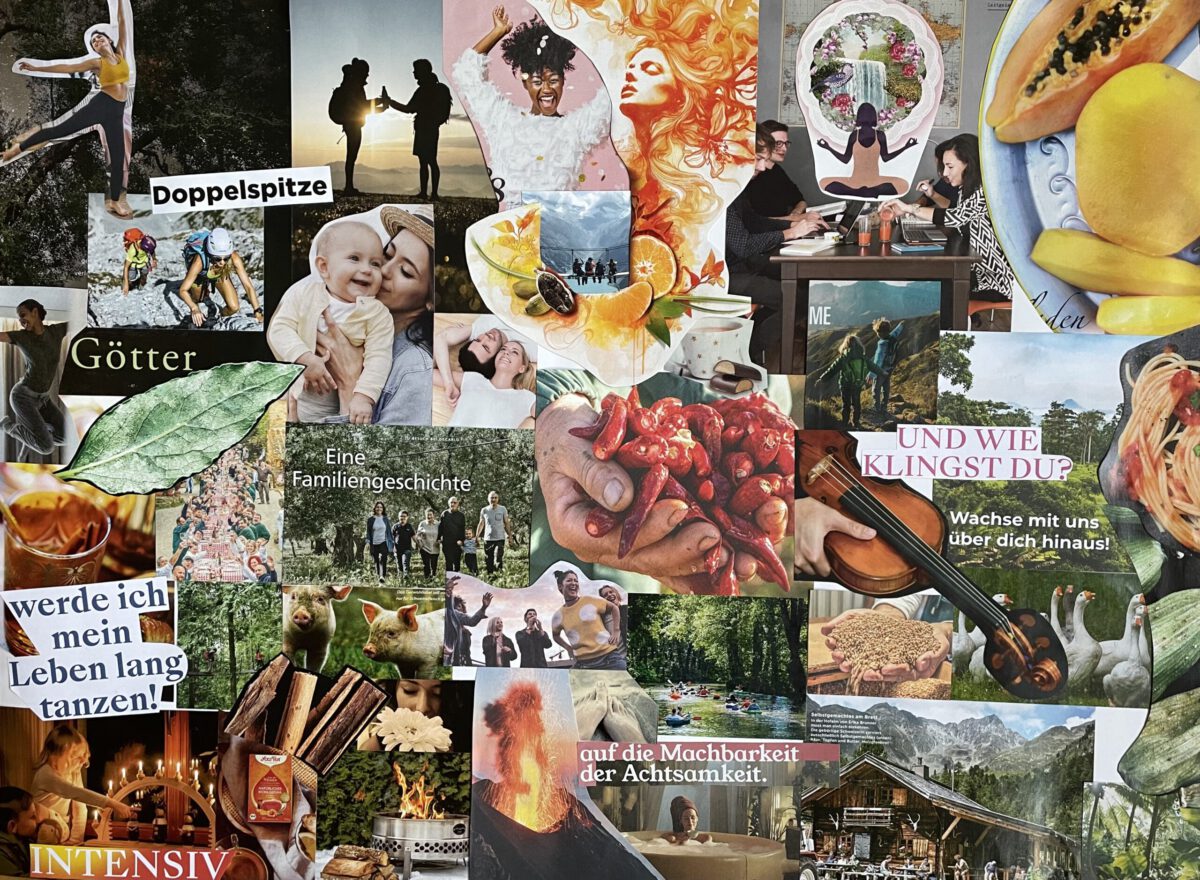 Visionboard von Josefine, eine bunte Collage aus Bildern, die ihre Träume und Wünsche symbolisieren